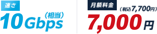 速さ10Gbps(相当) 月額料金7,000円（税込7,700円）