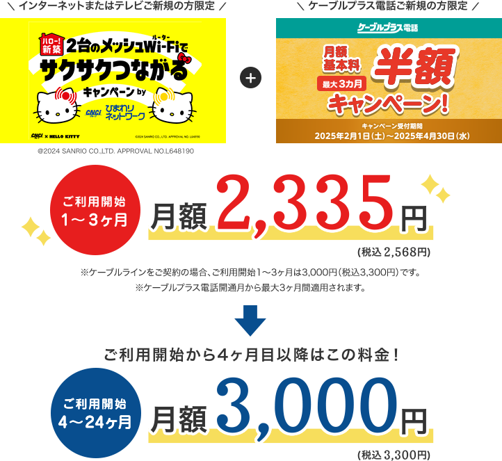 ご利用開始1〜3ヶ月月額2,335円（税込2,568円）、ご利用開始から4ヶ月目以降は、月額3,000円（税込3,300円）