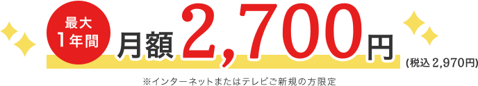 最大1年間月額2,700円（税込2,970円）※インターネットまたはテレビご新規の方限定