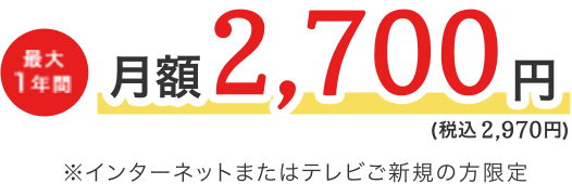 最大1年間月額2,700円（税込2,970円）※インターネットまたはテレビご新規の方限定