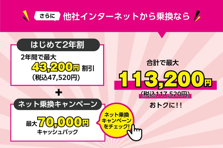 さらに他社インターネットから乗換なら合計で113,200円おトクに!!