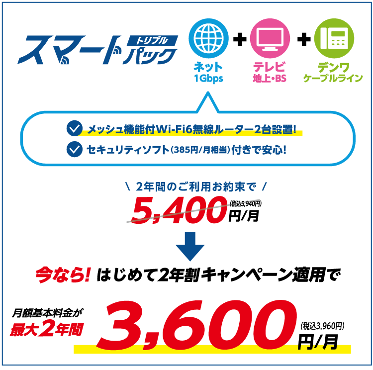スマートパックトリプル 今なら!はじめて2年割キャンペーン適用で月額基本料金が最大2年間3,600円/月(税込3,960円)