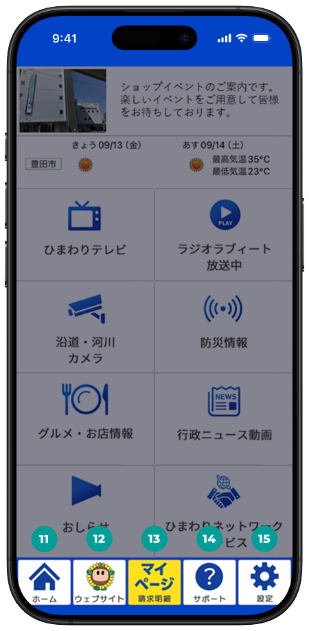 サブメニュー（画面下の小さいボタン）