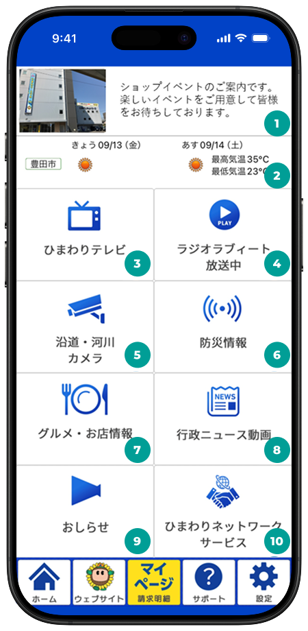 メインメニュー（画面上の大きいボタン）