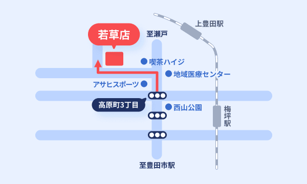 若草店へは、アサヒスポーツさん、喫茶ハイジさんの間の道からお越しください。
