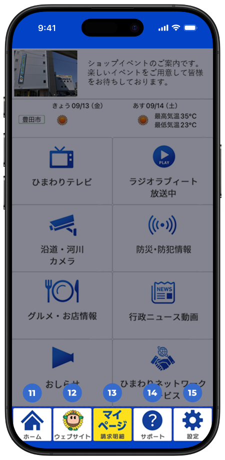 サブメニュー(画面下の小さいボタン)