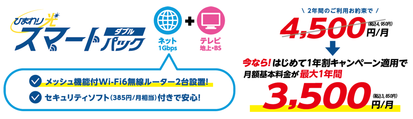 スマートパックダブル 今なら!はじめて2年割キャンペーン適用で月額基本料金が最1年間3,500円/月(税込3,850円)