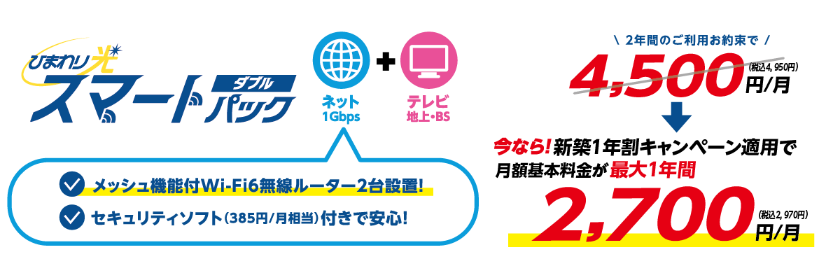 スマートパックダブル 今なら!新築1年割キャンペーン適用で月額基本料金が最大1年間2,700円/月(税込2,970円)