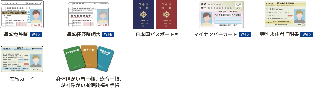 運転免許証/運転経歴証明書/日本国パスポート/特別永住者証明書/在留カード/身体障がい者手帳、療育手帳、精神障がい者保険福祉手帳