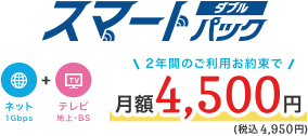 スマートパックダブル ネット＋テレビ 2年間ご利用お約束で月額4,500円（税込4,950円）