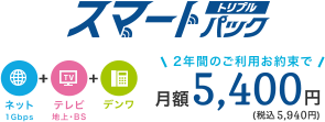 スマートパックトリプル ネット＋テレビ＋デンワ 2年間ご利用お約束で月額5,400円（税込5,940円）