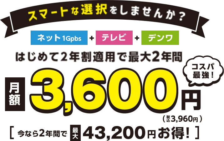 建住宅新規加入者限定キャンペーン。ネット1Gbps、テレビ、電話の3サービスセットが月額3,600円。コストパフォーマンス最強でスマートな選択を提案。