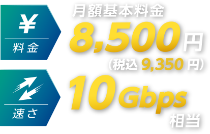 月額基本料金:8,500円(税込9,350円)速さ:10Gbps相当