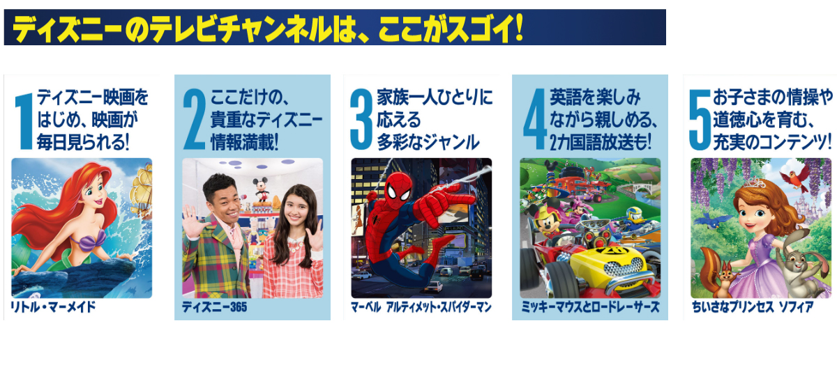 ディズニーのテレビチャンネルは、ここがスゴイ! 1.ディズニー映画をはじめ、映画が毎日見られる! 2.ここだけの、貴重なディズニー情報満載! 3.家族一人ひとりに応える多彩なジャンル 4.英語を楽しみながら親しめる、2カ国語放送も! 5.お子さまの情操や道徳心を育む、充実したコンテンツ!